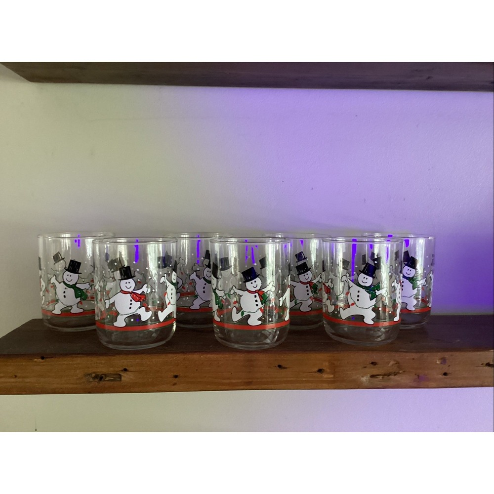 VTG Libbey Juice Tumblers DANCING SNOWMEN Christmas Lights 4" Tall Set Of 7